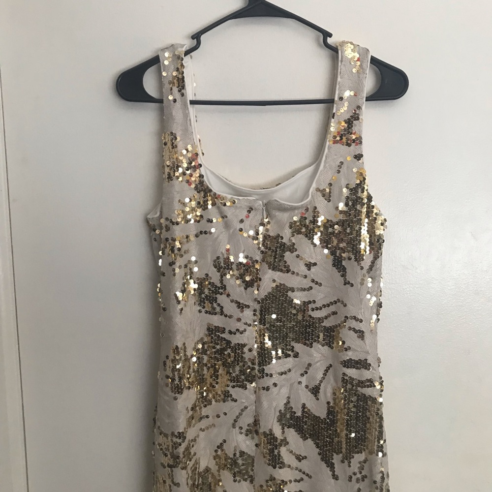 dee elly  cream and gold sequined dress with slit, size M
